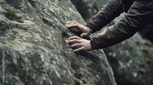 Stubborn rock climber gripping cliff edge. photo