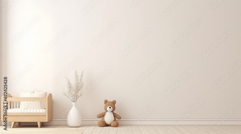 Fototapeta premium Blank wall mock up cozy nursery interior background, Scandinavian style children room generative ai