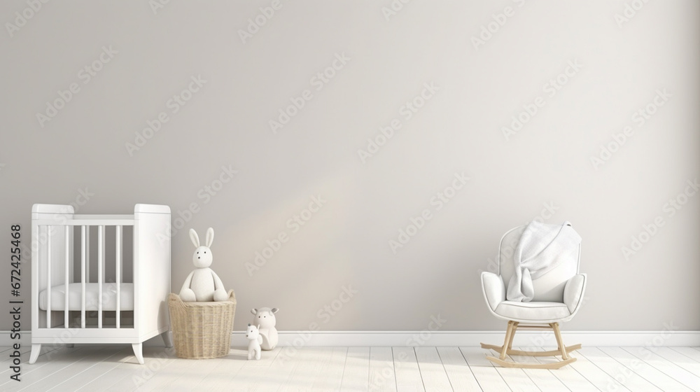 Blank wall mock up cozy nursery interior background, Scandinavian style children room generative ai