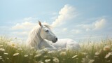  a painting of a white horse laying in a field of daisies with a blue sky and clouds in the background.  generative ai