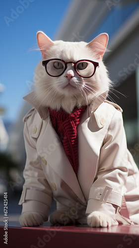White cat, standing exterior, dressed in a long beautiful dress, wearing trendy glasses, shop background, bag, detailed costumes dress, classic composition. AI Generative