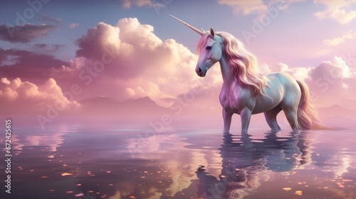  a unicorn standing in the middle of a body of water in front of a sky with clouds and a mountain in the background. generative ai
