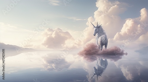  a unicorn standing on top of a small island in the middle of a body of water with clouds in the background. generative ai