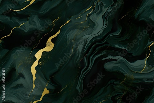 Dark green seamless pattern with marbling effect. Applicable for fabric print, textile, wrapping paper, wallpaper. Dark background with golden details. Repeatable marble texture.