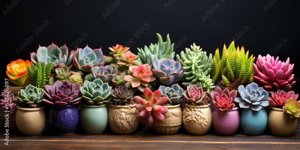 custom made wallpaper toronto digitalMany colored succulents in pots close-up. Gardening. Generative AI