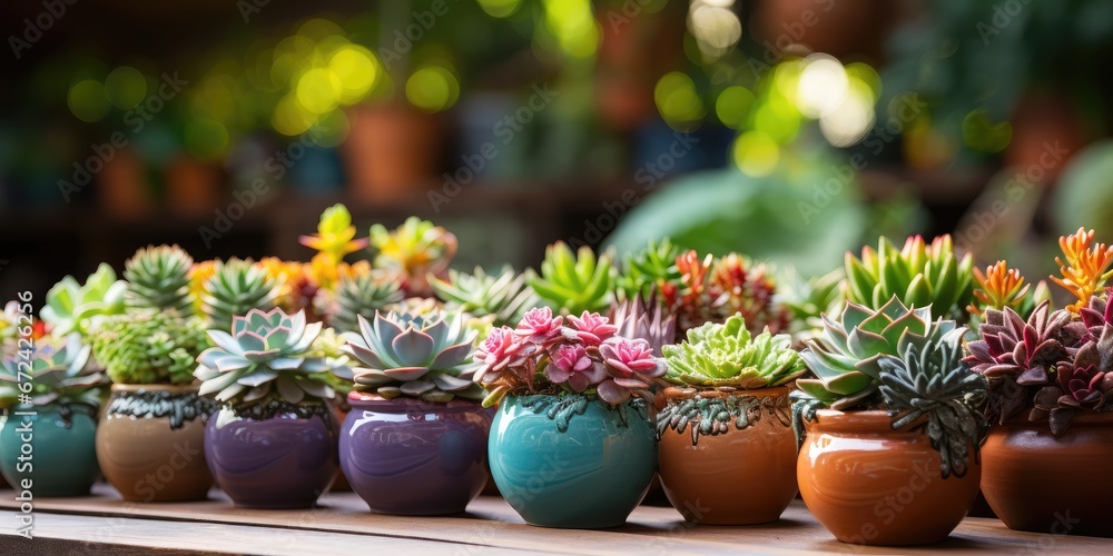 Beautiful different succulents on wooden table in the garden. Generative AI