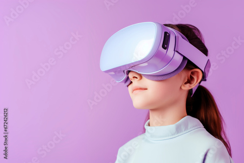 A girl in virtual glasses. Lilac background. Copy space. 