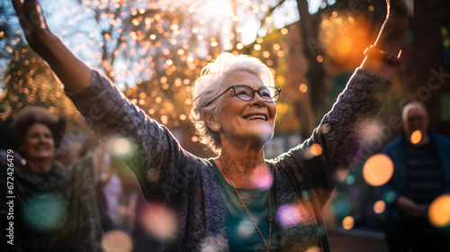 women elderly enjoying themselves in a fitness class, joyful celebration of nature, captured spontaneity feeling, emphasis on facial expression © IgnacioJulian