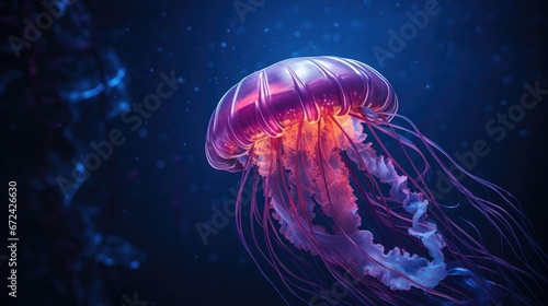 Jellyfish swimming in the sea. Dark blue depth of the ocean, view from under the water. Illustration of sun rays underwater. Illustration for banner, poster, cover, brochure or presentation. © Login