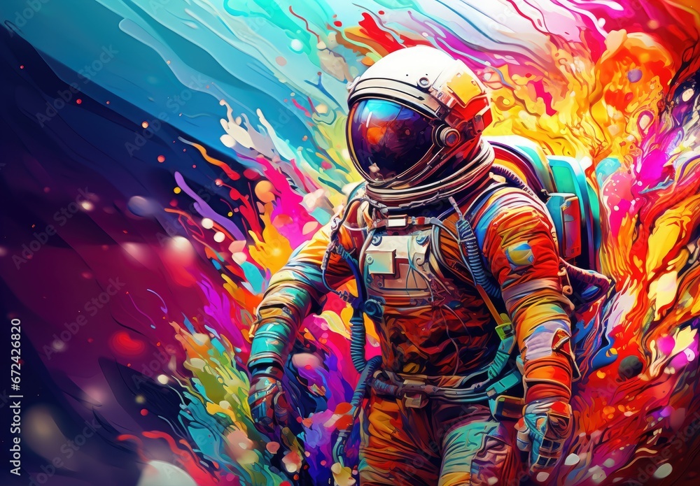 Close-up of an astronaut in a spacesuit in outer space. Space fantasy image. An exploration of the science fiction universe. Concept of the future. Design for cover, card, interior design, print, etc. Close-up of an astronaut in a spacesuit in outer space. Space fantasy image. An exploration of the science fiction universe. Concept of the future. Design for cover, card, interior design, print, etc.