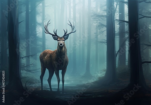 A large deer in a spruce forest. Wild animal in natural habitat. Nature background. Illustration for cover, card, postcard, interior design, decor or print. © Login