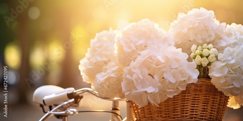 Horizontal banner of hydrangeas in a basket close up. Generative AI