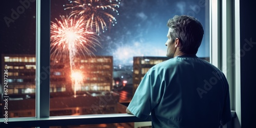 Doctor watching fireworks from hospital window at night. photo