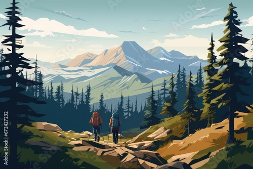 Illustration of mountainous landscape with trekkers ascending a slope.