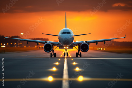 Passenger airplane taking off the runway in sunset light, view from the front, ai generated
