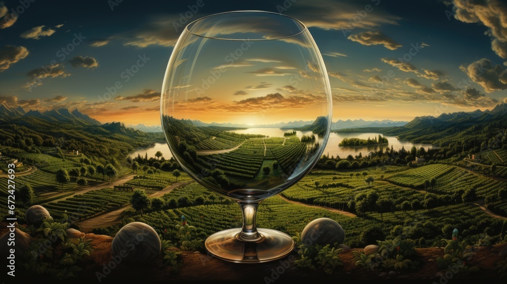 Obraz premium a glass of wine sitting on top of a table next to a painting of a scenic view of a vineyard. generative ai