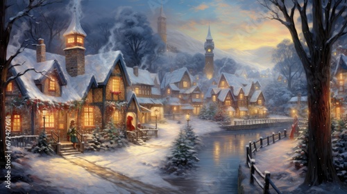  a painting of a snowy village with a church in the background and a river running through the middle of it. generative ai