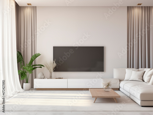 Cozy modern and minimalist living room with curtains and plants