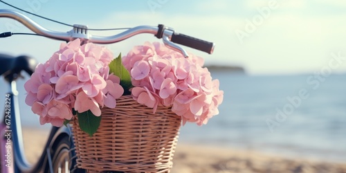 A romantic photo of hydrangeas in a wicker bicycle basket on the ocean. Generative AI photo