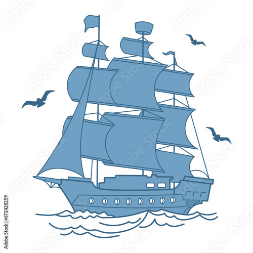 Blue sea ship, frigate, caravel with seagulls. Sea illustration, transport, vector