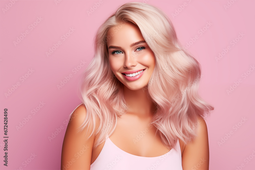 Portrait of beautiful young woman with long blonde hair on pink background Portrait of beautiful young woman with long blonde hair on pink background