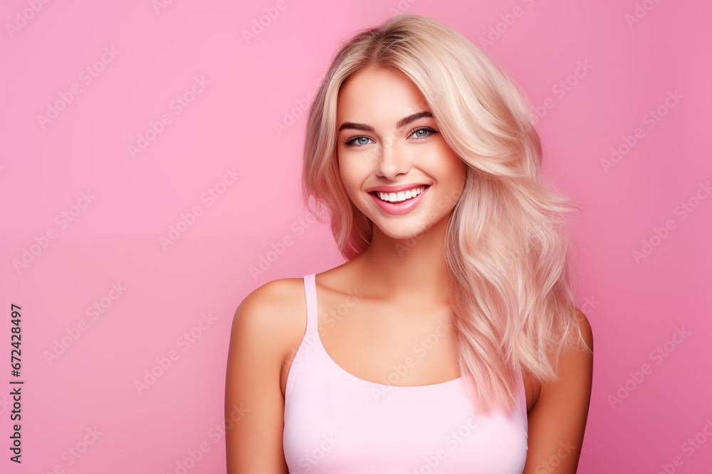 Portrait of a beautiful young woman with long blonde hair on a pink background Portrait of a beautiful young woman with long blonde hair on a pink background