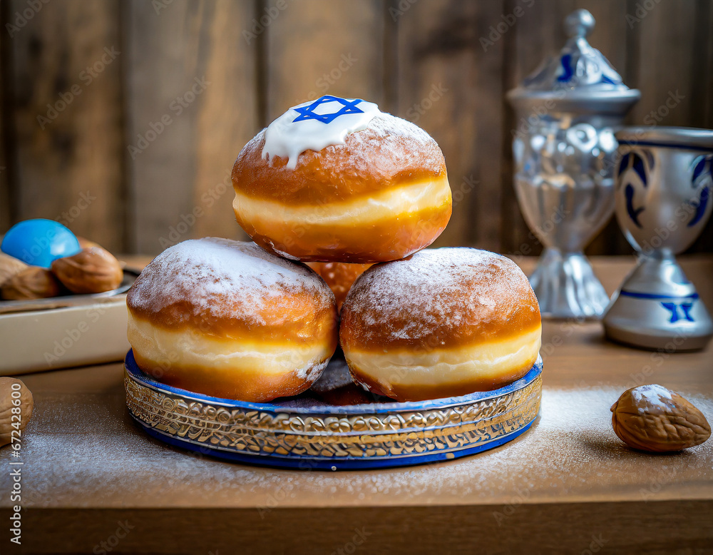 Happy Hanukkah with freshly baked challah and delicious sufganiyot with Israeli flag