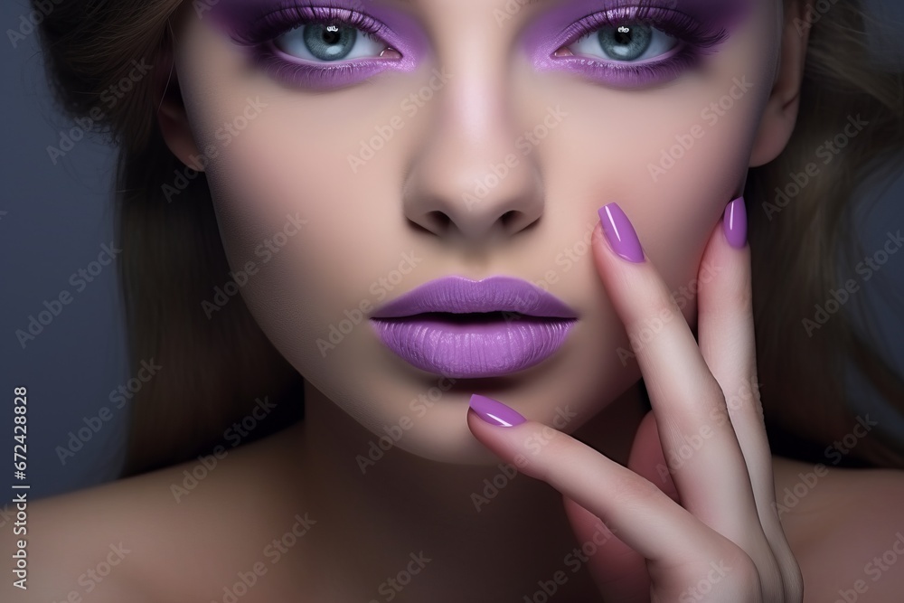 Close-up of woman with monochrome violet makeup.