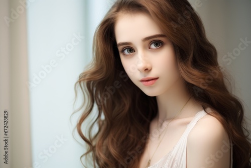 Strong-eyed brunette woman with smooth skin.