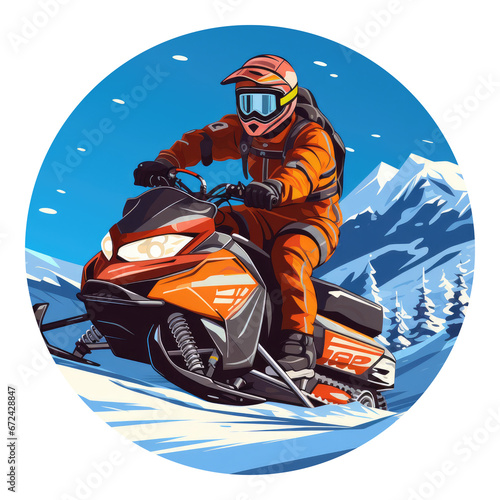 Vector style illustration of a man on a snowmobile in the mountains. Generative Ai