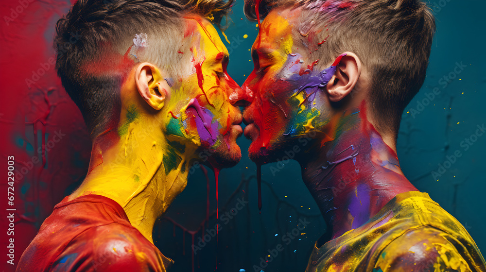 Kiss Between Two Men with Rainbow Face Paint - Celebrating Love and Diversity - obrazy, fototapety, plakaty 