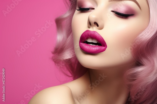 Close-up of woman s lips with pink hair and glamorous makeup.