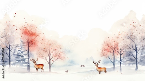  a couple of deer standing next to each other on a snow covered field in front of a group of trees.  generative ai