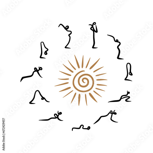 Pictogram of Surya Namaskar circle Sun yoga poses vector illustration, abstract figures line minimalistic poster. Minimal linear trendy icons composition for studio branding and more.
