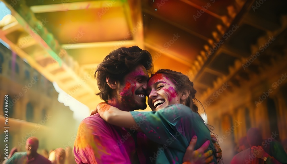 Interracial couple embracing at Holi festival in India
