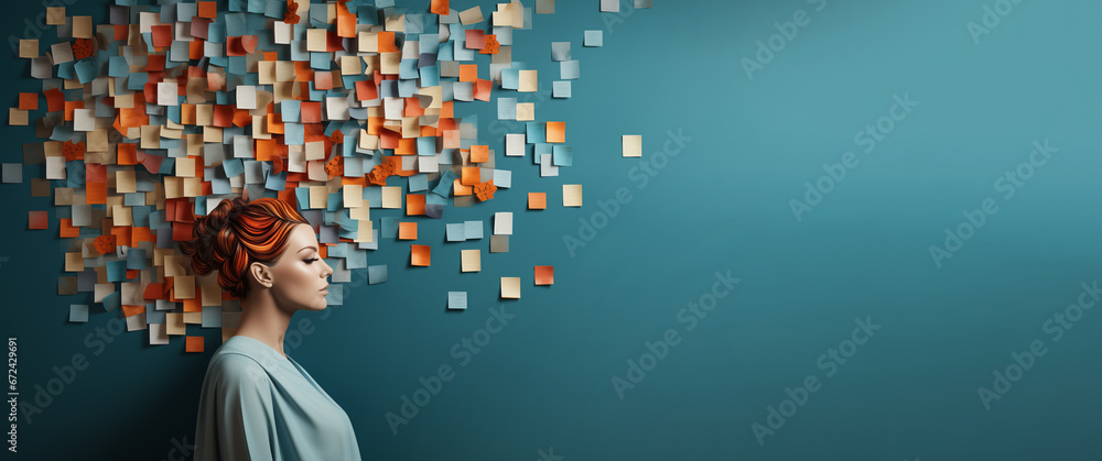 girl against a background of a blue wall with notes and stickers. creative mental health concept. copy space - obrazy, fototapety, plakaty 