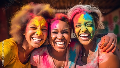 Three afro-american friends posing at Holi festival with colors