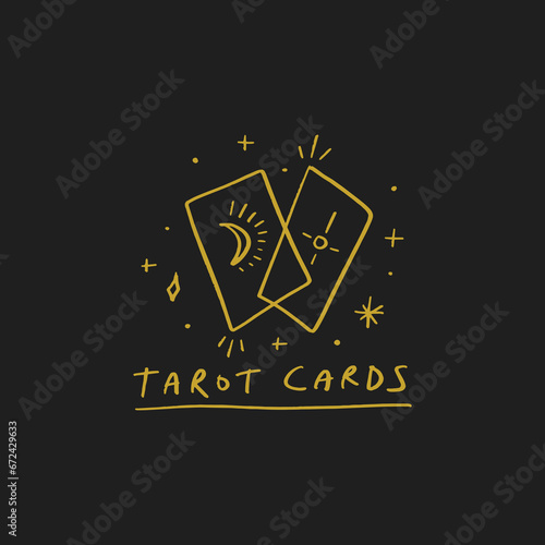 Tarot logo or label, magic cards reader, hand-drawn sketch brush simple minimal print for magical esoteric souvenirs. Witchy female hand drawn magic love fortune spell occultism concept.