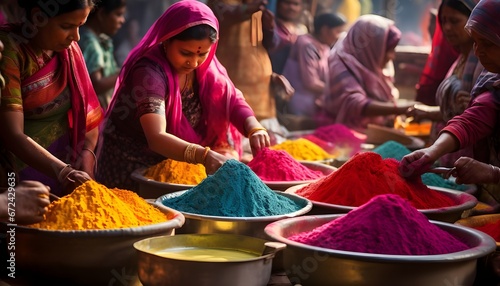 Women selling color powders at Holi festival
