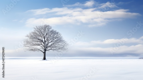  a lone tree stands in the middle of a snow - covered field, with a blue sky in the background. generative ai