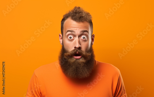 Surprised Bearded Man in Orange Against Orange Background