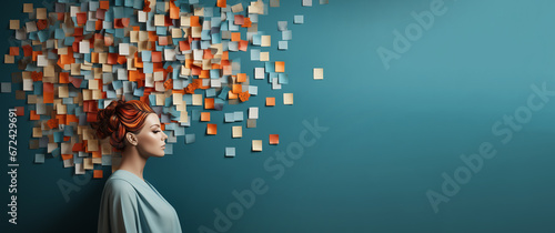 girl against a background of a blue wall with notes and stickers. creative mental health concept. copy space
