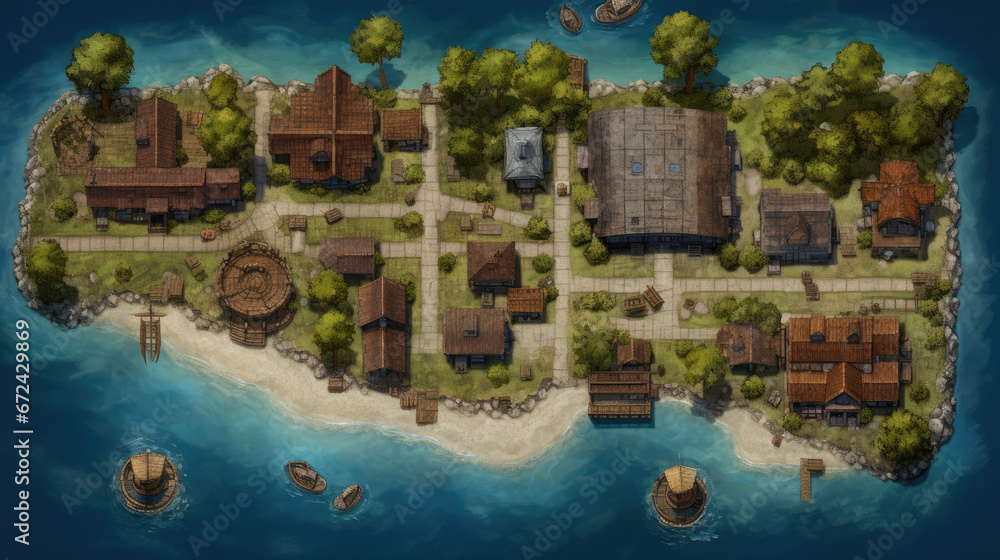 rpg map asset cartography lake fishing village medieval landscape top down view - by generative ai - obrazy, fototapety, plakaty 