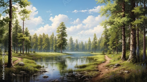  a painting of a river in the middle of a forest with a path leading to a lake surrounded by trees. generative ai