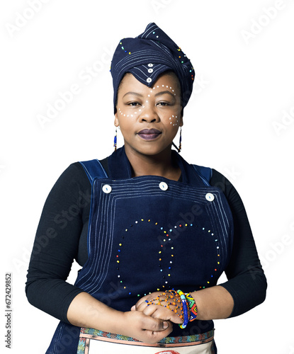 Portrait  serious and black woman in traditional clothes isolated on a transparent png background. Confident African person  fashion turban and stylish hat  casual dress and culture in South Africa