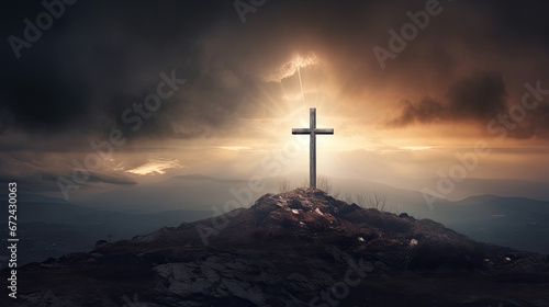 cross on the hill Christ Christian Christianity love Jesus faith religion - by generative ai