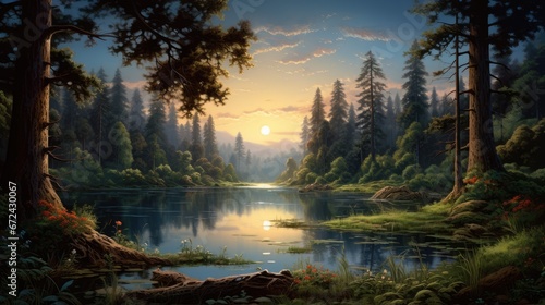  a painting of a sunset in a forest with a lake and trees in the foreground and a setting sun in the background. generative ai