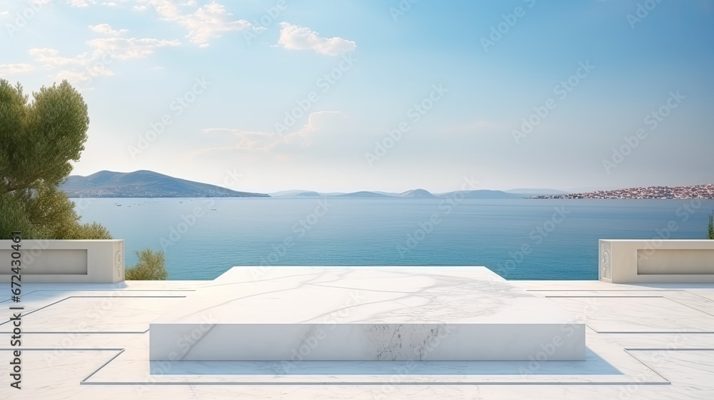 marble empty podium display zen wellness Mediterranean sea summer  background - by generative ai