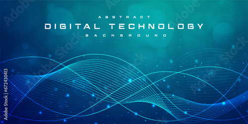 Digital technology internet network speed connection blue green background, cyber nano information, abstract communication, innovation future tech data, Ai big data lines dots, illustration vector 3d