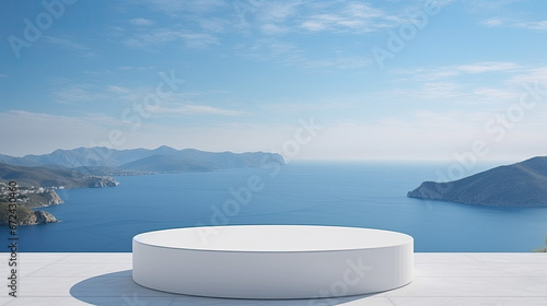 empty podium display zen wellness marble Mediterranean sea summer  background - by generative ai